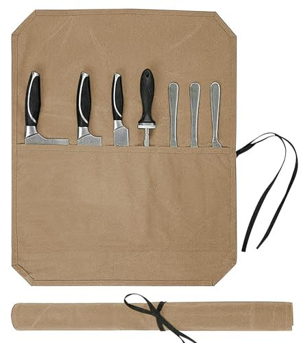 GDWD Sac à roulettes pour couteaux de chef avec 7 compartiments, sac de rangement pour couteaux de cuisine, mallette pour couteaux et cuillères, en toile cirée pour le camping, la randonnée, kaki