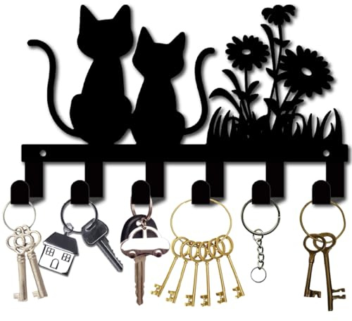 CREATCABIN Portachiavi per Gatti Da Parete Arbusti Da Fiore Appendichiavi Ganci Portachiavi In Metallo Da Parete Organizer per Chiavi Nero Appeso A Parete Decorativo con 6 Gancio per Ingresso 27x16cm