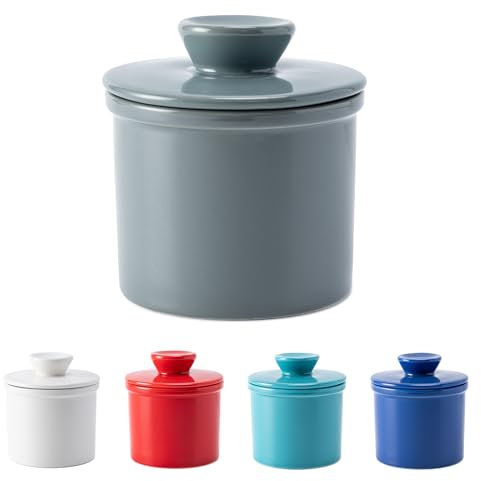 Husfunov Mantequera con línea de agua para encimera, mantequillera francesa con tapa, recipiente de mantequilla de cerámica para mantequilla fresca untable, soporte para recipiente de mantequilla para