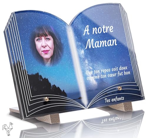 Plaque Funéraire Livre Personnalisée - Nuit Etoilée - Textes Photo personnalisables, plusieurs lignes - Résistante aux Intempéries et Traitée Anti UV (22,5x15 cm (moyen))