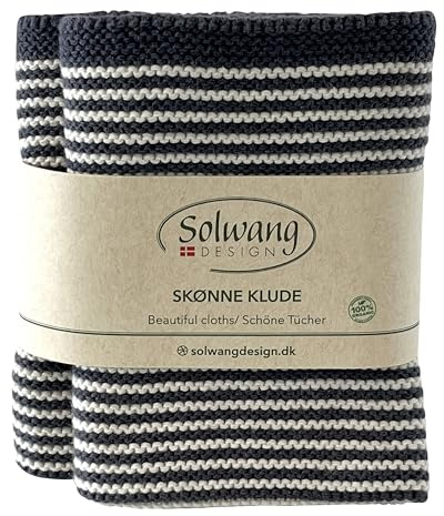 Solwang 2-Pack STRIPED 100% Certified Organic Cotton Danish Washcloths/Dishcloths in Garter Stitch - Made in India 10 Square (2-Pk Nature/Stormy Grey Organic)