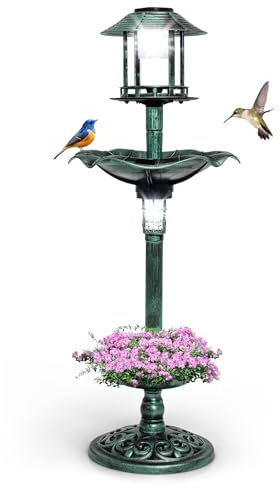 GYMAX Mangiatoia Fontana Solare per Uccelli, Vasca per Uccelli da Giardino con Lampade Solari, Fioriera, Supporto Riempibile, 3 Chiodi, Decorazione Luminosa all'Aperto, Giardino, Cortile (Verde)