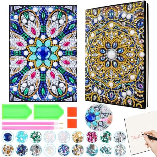Fonyet 2 Stück Diamond Painting Mandala A5 Notizbuch Bastelset Kinder ab 6 7 8 9 10 Jahre, 5D DIY Diamond Pasted Painting Notizbuch Kits Basteln Mädchen Geschenk mädchen 10 Jahre