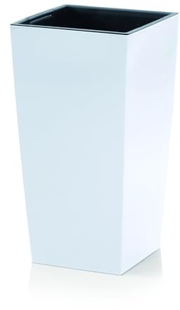 Macetero de 29 x 29 x 55 cm | Macetero de diseño moderno con recipiente interior para ahorrar tierra, maceta de plástico para arreglos elegantes de plantas, color blanco