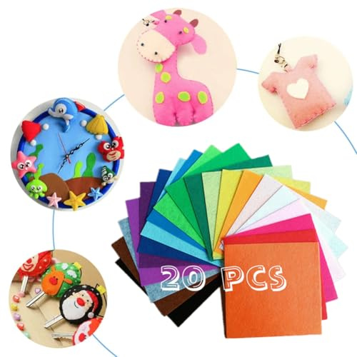 Hongmeru Soft Felt Fabric Sheets, 20pcs Assorted Colour, Square Felt Sheets for Crafting, DIY Craftwork Sewing NonWoven Fabric for Art and Craft (Multicolor)