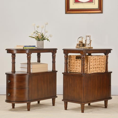 2 er Set Holz Beistelltisches mit 2 Schubladen und Ablage, Schmaler Sofa Beistelltisch für Wohnzimmer, Vintage Slim Nachttisch für Schlafzimmer, Schlanker Stuhl Beistelltisch Kirsche Nussbaum