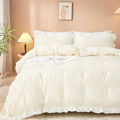 Guchuang Bedding Cream White Seersucker Duvet Cover Set King Size, Ruffled Trim 3-Piece Microfiber Bedding Set - Wrinkle-Resistant & Lightweight Design with Hidden Zipper (King, 220x230cm)