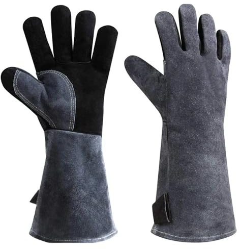 Gants résistants à la chaleur Gants de soudage en cuir, gants de gril for soudeur/grill/four/cheminée/poêle à bois, isolés à manches longues, 932 Convient pour four/cheminée/soudure/cuisinière(16 inch