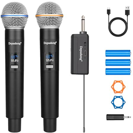 Depusheng Sistema de micrófono karaoke inalámbrico dual, juego de micrófono de radio dinámico con receptor recargable para canto, fiesta, DJ, boda