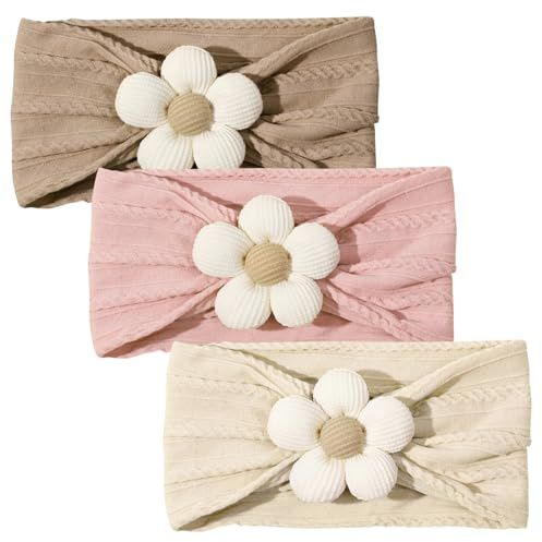 Baby-Blumen-Stirnbänder, 3er-Pack, weiche, dehnbare Haarbänder für Neugeborene und Kleinkinder, Haar-Accessoires für Baby-Mädchen