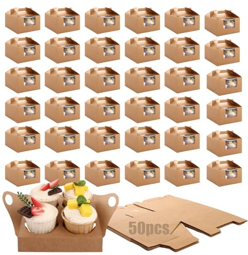 SHUESS 50 Pack 4 Hole Cupcake Boxes, Brown Kraft Cupcake Box with Handle, 15.6 x 15.6 x 8.1 cm Cupcake Boxes 4 Hole with Window & Inserts, Ideal for Cakes, Cupcakes, Muffins, Pastries