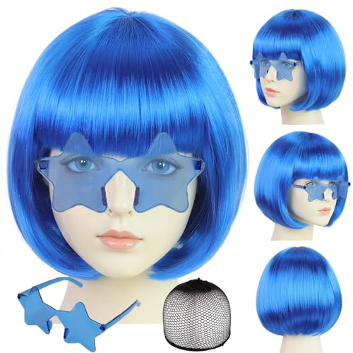 BEKIDER Royal Blue Bob peruk (1 par glasögon 1 hårnät) färgade peruker party outfit färgglad bob-peruk med lugg roliga peruker karneval kostym kungsblått syntetiskt hår för halloween