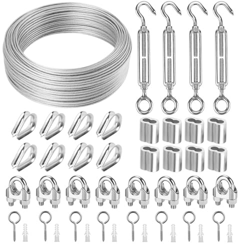 JALEVID Garten-Drahtseil-Set, Edelstahl, 35 m, 2 mm, PVC-beschichtetes Stahlkabel mit Spannschlössern, Ösenschrauben, Klemmen – robuster Draht für Kletterpflanzen, Rankgitter, Außenlichterkette