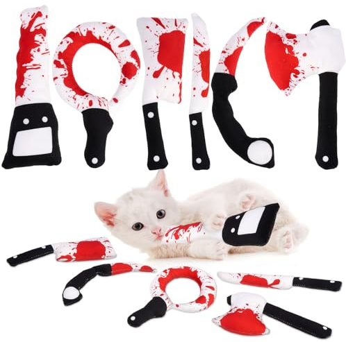 EXPAWLORER Cat Catnip Toys- 6 Pcs Halloween Interactive Stuffed Knife Nip Toy for Indoor Cats, Bite Resistant Chew Toys Teeth Cleaning Gift for Kitten