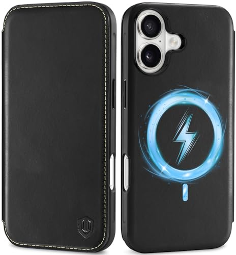 SHIELDON Hülle für iPhone 17 6,3 2025, Slim Schutzhülle Lederhülle [Rindsleder] [Kabelloses Laden] [Kartenfach] [Magnetverschluss] [RFID Blocker] [Handy-Ösen] Dünn Cover - Retro Schwarz