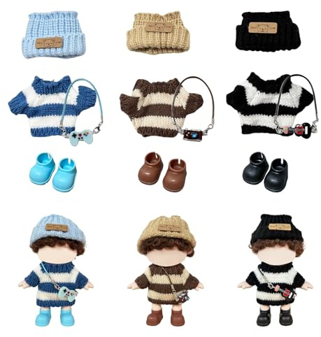 Mrltau 3er-Set Niedliche Puppenkleidung für 15/17 cm Vinyl-Plüschpuppe, Gestrickte Outfits mit gestreiftem Pullover, Mütze, Schuhen und thematischem Anhänger Zubehör