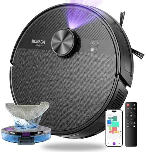 MONSGA MS1 Robot Vacuum Cleaner with Mop, 7000Pa Robotic Vacuum with Lidar Navigation, 180mins Runtime, 5 Editable Maps, APP/Remote/Voice Control, Ideal for Hard Floors and Carpets