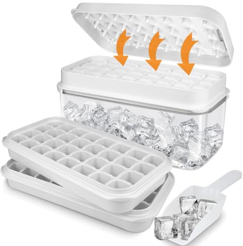 Silikon Eiswürfelform mit Deckel und Behälter, 64 Stück Ice Cube Tray BPA-frei, Lebensmittelecht, Auslaufsicher, Stapelbar, Eiswürfel für Cocktails, Babybrei, Whisky, Kaffee, Smoothies, Tee (Weiß)