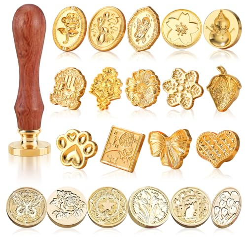 20 Stück Metall Wachssiegel Siegelwachs Set Mehrere Stile Wachssiegel Stempel Set mit Wechselbaren Siegelstempel Köpfen und Holzgriff für Hochzeiten Karten Wachsstempel Brief Geschenke Scrapbookin