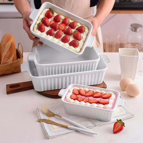 Alivio Ceramic Baking Dish Set – Oven Microwave & Dishwasher Safe Porcelain Bakeware, Freezer Safe Casserole Dishes for Serving Pasta, Baked Dishes, Desserts, Roasting Meats (White, Pack of 4)