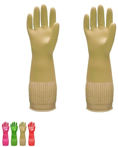 Washing Up Gloves–2/4 Pairs Heavy Duty Cleaning Gloves with Non-Slip Grip,Waterproof,Reusable,Extra Long Cuffs for Dishwashing,Household Cleaning,Car Washing&Gardening(Beige,2pcs)