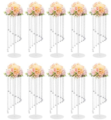 Flhonudi 10PCS 23.6inch High Wedding Flower Stand with Crystal Beads Clear Column Flower Stand Display Rack for Table Centerpieces Flowers Vases for Party Event Home Hotel Decor