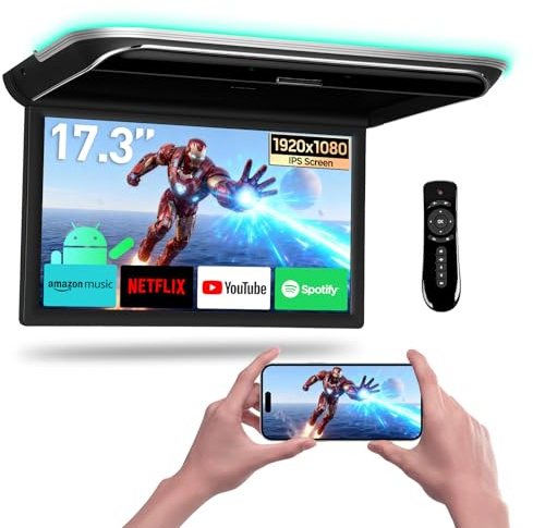 XTRONS 17.3 Inch Android 14 4+64GB Car Overhead Flip Down Mount Monitor | IPS Screen Octa-core Car Roof Multimedia Player Car Video Superior Sound Support HDMI/USB/AV/IR/Game Consoles/Digital TV Box