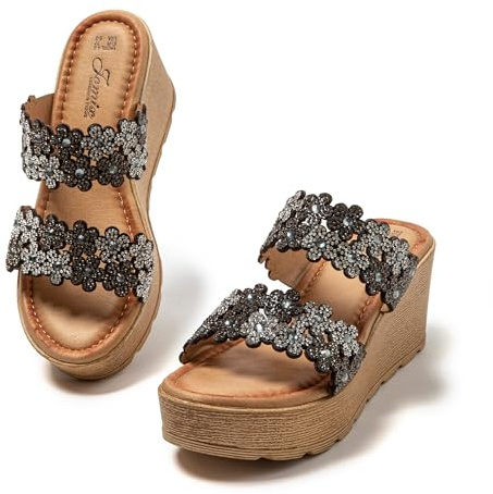 JOMIX Ciabatte Moda Donna Zeppa Estive Sandali Fiori Strass Eleganti Comode Sabot Piattaforma Mare Casa Vacanze Antiscivolo Leggere