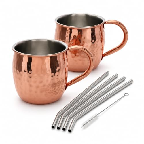 MIJOMA Moscow Mule Lot de 2 gobelets à anse aspect cuivre 500 ml avec pailles | Acier inoxydable martelé, 10 x 9 x 10 cm, 4 pailles courbées, brosse de nettoyage, pour bar et dîner