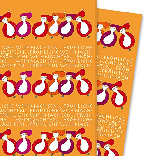 Lustiges Weihnachtspapier Weihnachts Geschenkpapier mit Weihnachtsmännern: Fröhliche Weihnachten, orange (4 Bögen, 32 x 48 cm) Dekorpapier, Papier zum Einpacken, für tolle Geschenk Verpackung