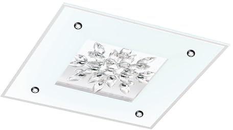 EGLO LED Deckenleuchte Benalua 1, 4 flammige Deckenlampe dimmbar | Wohnzimmerlampe klassisch aus Metall in Weiß, Glas und Kristall in klar, LED Esszimmerlampe warmweiß, L x B 47 cm