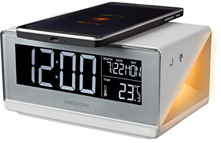 MEDION E75009 Wecker mit Qi Ladefunktion (Weckstation, Ladestation, induktives Laden, Temperaturanzeige, Snooze Schlummerfunktion, Timer, Displaydimmer) Silber