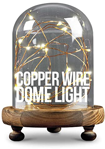 iN Home Copper Wire LED Dome Light with Remote - 20 LED Fairy Lights on 2M Long Copper Wire with Glass Dome and Wooden Base - Perfect Home Decor or Table Centrepiece Decoration
