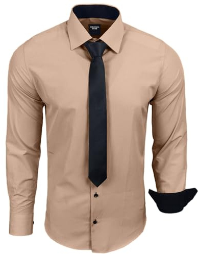 Subliminal Mode - Herrenhemd mit langen Ärmeln und zweifarbigem Kragen, uni + Schwarze Krawatte, Slim Fit Business, leicht zu bügeln, RN77, beige, XXL
