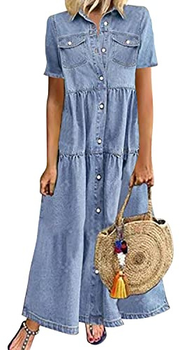 Womens Summer Short Sleeve Button Down Long Denim Dress Casual Loose Fit Maxi Shirt Dress with Pockets (UK 16/Tag XXL) Light Blue