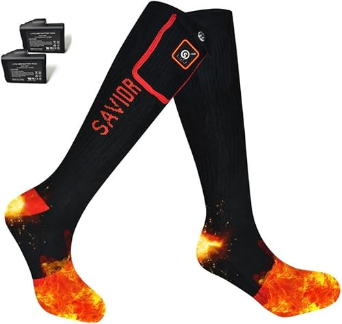 SAVIOR HEAT Electric Heated Socks for Men Women 3 Heat Settings 2 * 2200mAh Rechargeable Battery Powered Cold Weather Heated Ski Socks Up to 10 Hours Thermal Socks for Winter Hunting Skiing Hiking