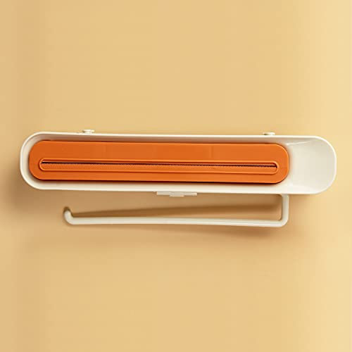Siqi Plastic Wrap Dispenser With Slide Cutter, Reusable Cling Film Dispenser, Double Elastic Buckle Adjustable Length For Aluminum Foil, 3-In-1 Kitchen Storage-Orange white