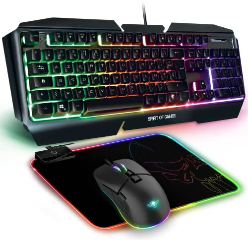 SPIRIT OF GAMER - Ultimate 500 - Pack Gaming RGB 3 en 1 - para PC/Xbox/Playstation - Teclado Gamer RGB Aluminio Anti-Ghosting - Ratón Gamer RGB 6400 dpi/7 Botones - Alfombra Luminosa Antideslizante