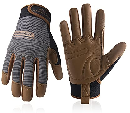 HANDLANDY Leder Arbeitshandschuhe für Herren und Damen, Utility Safety Arbeitshandschuhe, Mechaniker Fahrer Gartenhandschuhe mit Rindsleder-Innenhand (XL, Braun)