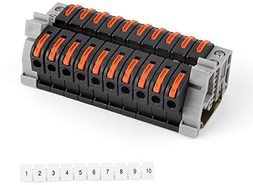 SRJQXH 10 Pièces Bornier Rail DIN a Visser, Universel Connecteur de Câblage Compact, Avec Modules de Fixation, Bandes de Repérage, Rail DIN et Bandes de Connexion, pour Les Projets de Bricolage, Noir