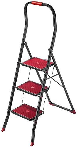 KADAX Scala Pieghevole in Acciaio per Interni ed Esterni, Scaletta con Gradini Larghi, Piedini Antiscivolo e Maniglione di Sicurezza (3 Gradini)