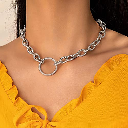 TseenYi Open Circle Punk Chunky Chain Choker Silver Ring Pendant Thick Link Necklace Jewelry for Women and Girls Gifts
