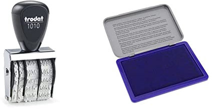 Trodat 1010 Classic Datumsstempel Deutsch, Monat abgekürzt, Abdruckgröße 4 x 26 mm & Imprint 9072M Stempelkissen Blau – Metall, Größe 11 x 7 cm