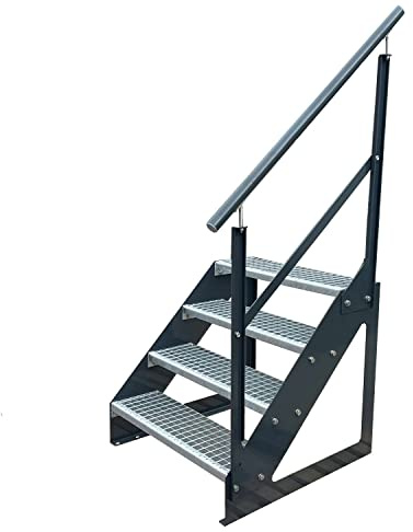 Caillebotis acier Escalier à limon 4 Marches Autoportant Entièrement galvanisé et Anthracite Côtés revêtus de poudre avec garde-corps à droite - Dimensions (L x l x H) 82cm x 100cm x 76cm