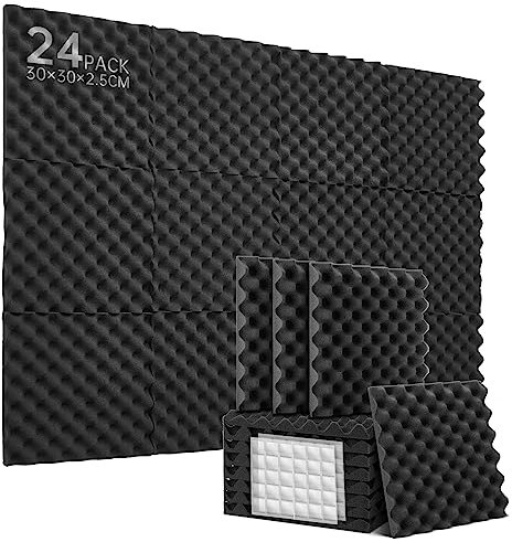 Lot de 24 Panneaux de Mousse Acoustique Avec des Autocollants, Mousse Anti-bruit Panneau Acoustique Haute Densité Isolant Phonique, Pour Podcasting, Studios d'enregistrement, Plafonds 30×30×2,5 cm