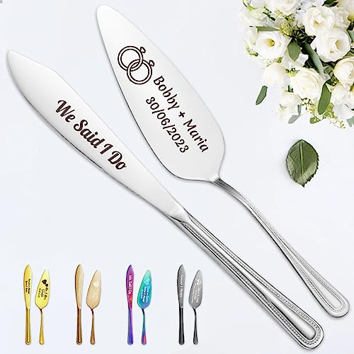 STREADVE Gravierte Hochzeitstorte Messer und Server Set Personalisierte Kuchen Schneiden Utensilien für Braut Bräutigam Custom Cutter Servieren Quinceanera Geburtstagsgeschenk, Silber
