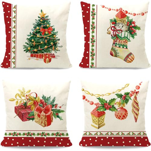 Cirzone Kissenbezug Weihnachten 50x50 cm 4er Set - Weihnachtsbaum, Weihnachtsstrümpfe, Schachtel Kissen Dekoration für Home, Sofa, Garten, Schlafzimmer