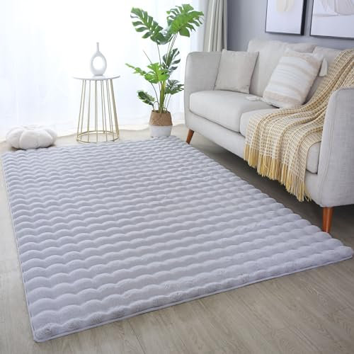 HomebyHome Hochflor Teppich - Flauschiger 3D Moderner Einfarbiger Wohnzimmerteppich 80x150 cm Silber - Kunstfell Shaggy für Schlafzimmer, Kinderzimmer und Flur Extra Weich