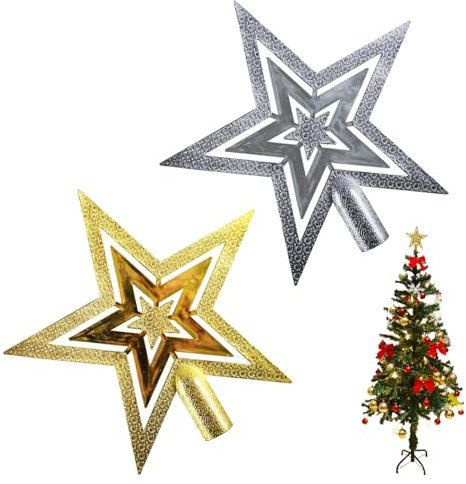 Étoile pour Sapin de Noël, Topper d'arbre de Noël, Décorations de Noël, Étoile pour La Cime du Sapin de Noël, Idéal pour Décorer Les Restaurants, Les Fêtes de Noël, 2 Pèces, Or + Argent, 20cm