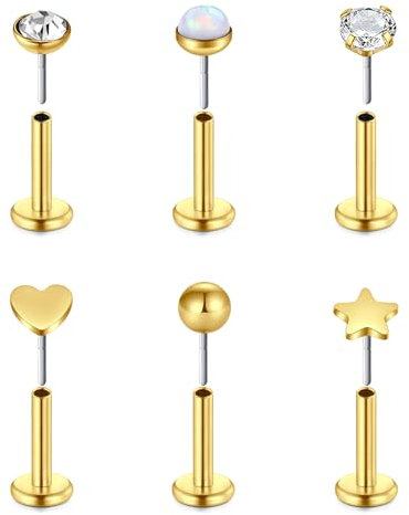VF VFUN 16G 6Pcs Helix Piercings Diamant CZ Edelstahl Piercing Herz Stern Opal Lippenpiercing Ohr Conch Piercing Nasenpiercing Tragus Labret Piercing Studs 6mm für Frauen Männer Gold